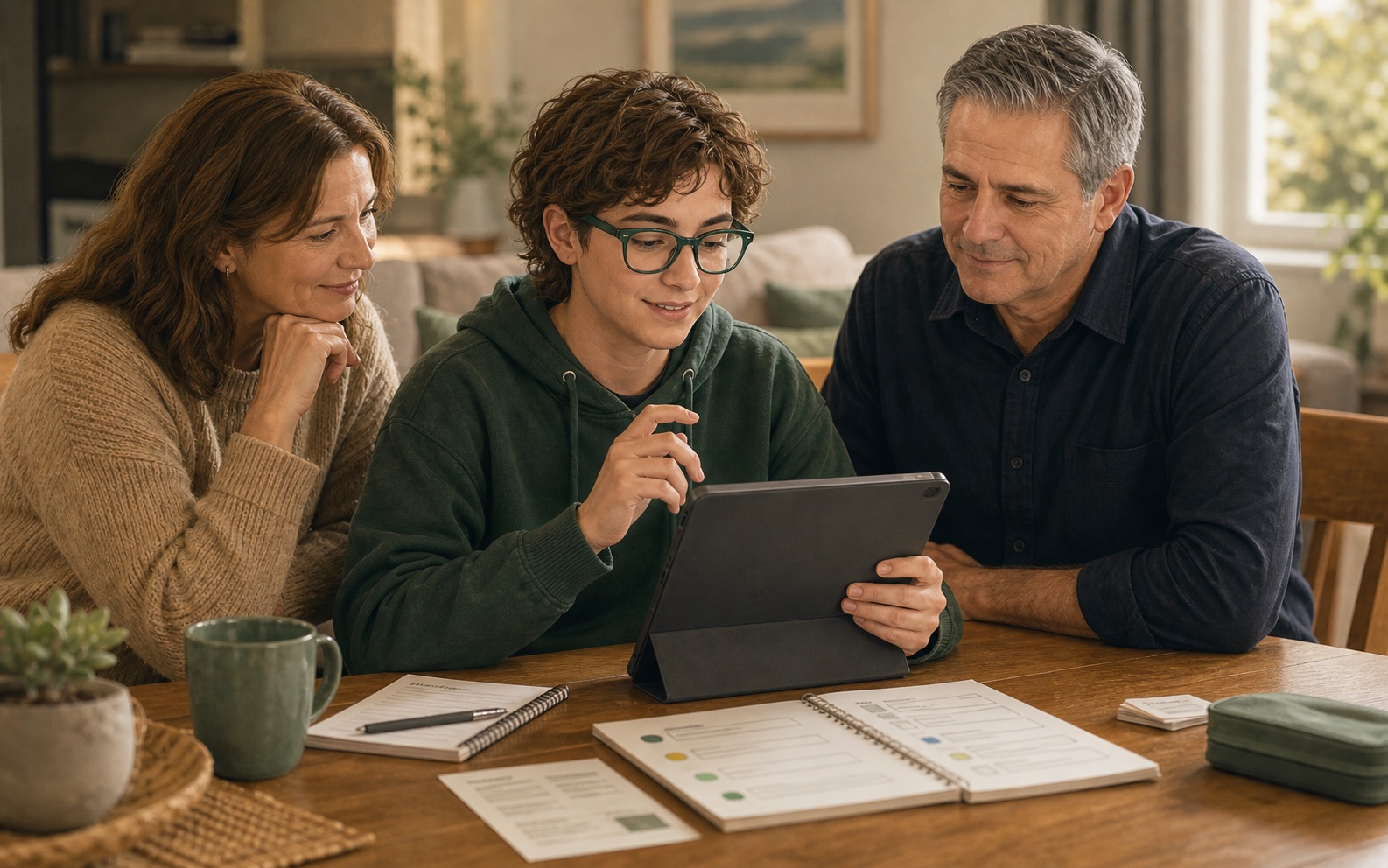 A person using a tablet support guide with family and a technology support worker nearby