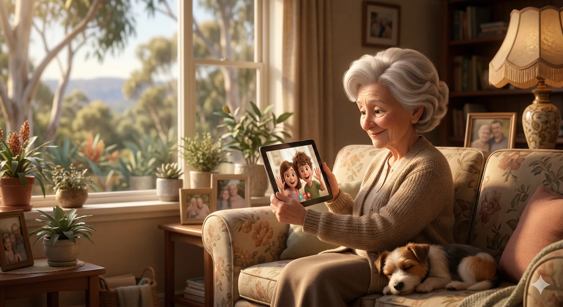 A senior woman on her sofa with her dog, happily using a tablet